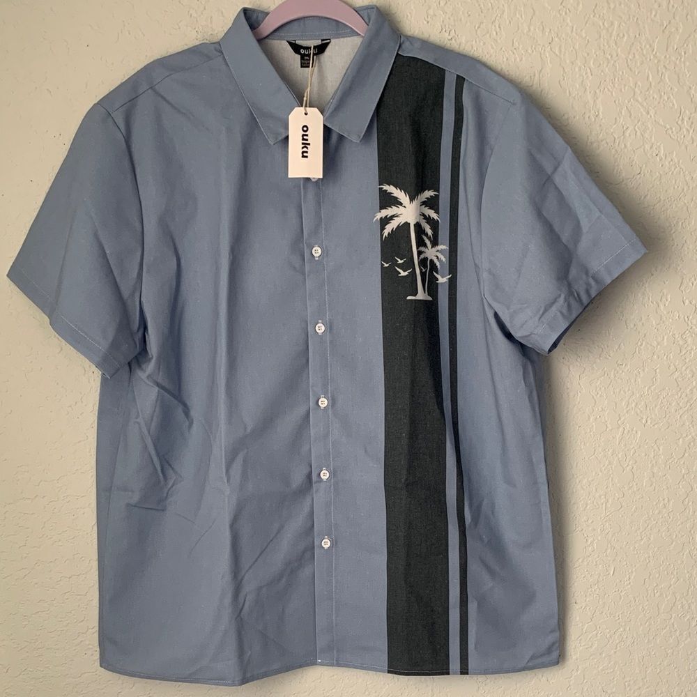 NWT OUKU Men’s Blue Gray Short Sleeve Linen Blend Size 2XL